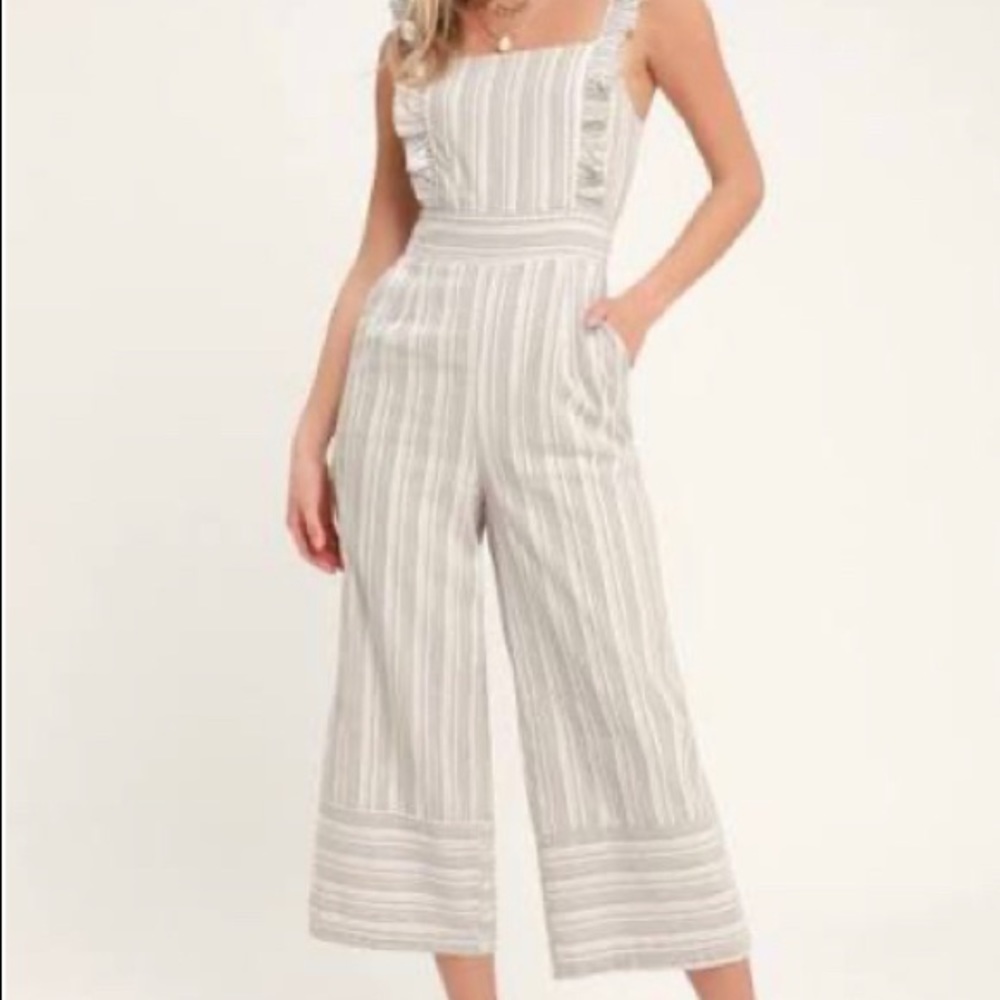 cropped tan striped jumpsuit